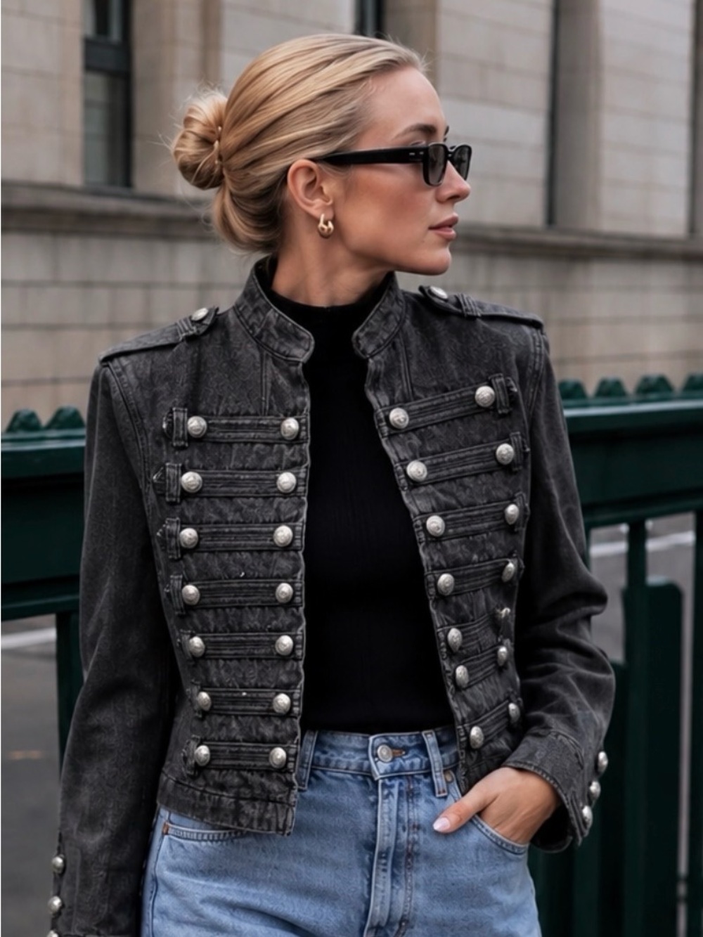 Womens Military-Style Button Front Jacket - Black